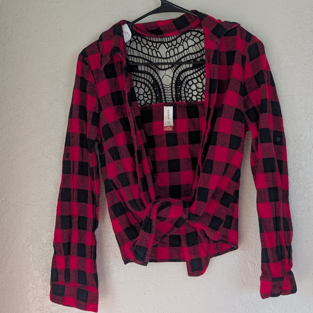 Red Black Plaid Button Up Shirt Lg Tie Front Lace Back Punk Grunge Alt Cotton